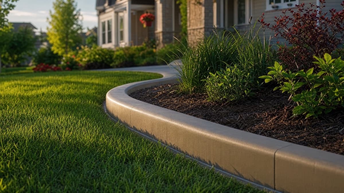 Freshly installed curved concrete landscape curbing between a lawn and a mulched planting bed