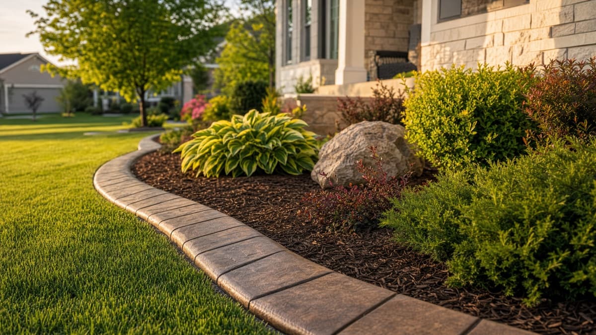 Stamped and colored concrete landscape curbing winding around a landscaped front-yard bed