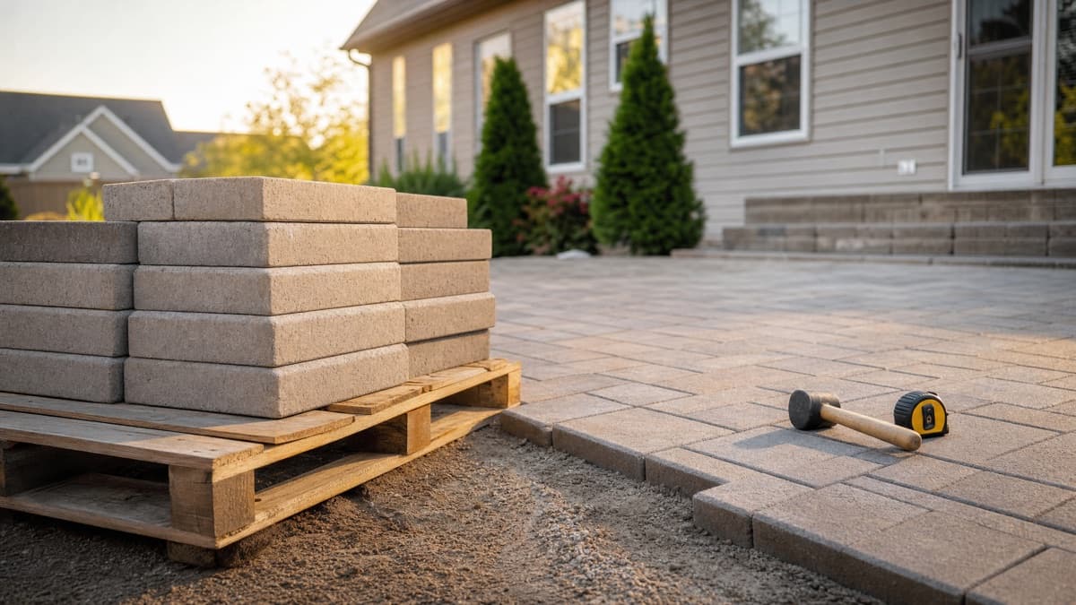 Concrete pavers stacked on a pallet next to a partially laid herringbone patio with a tape measure