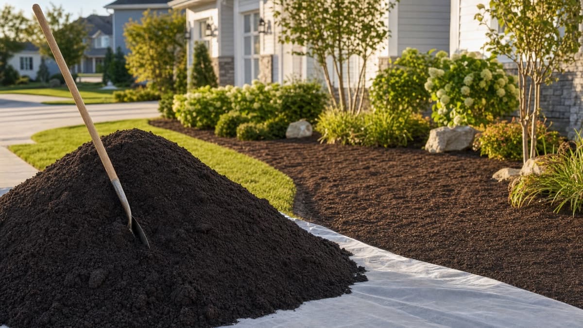 Mound of dark screened topsoil with a shovel next to a freshly graded planting bed
