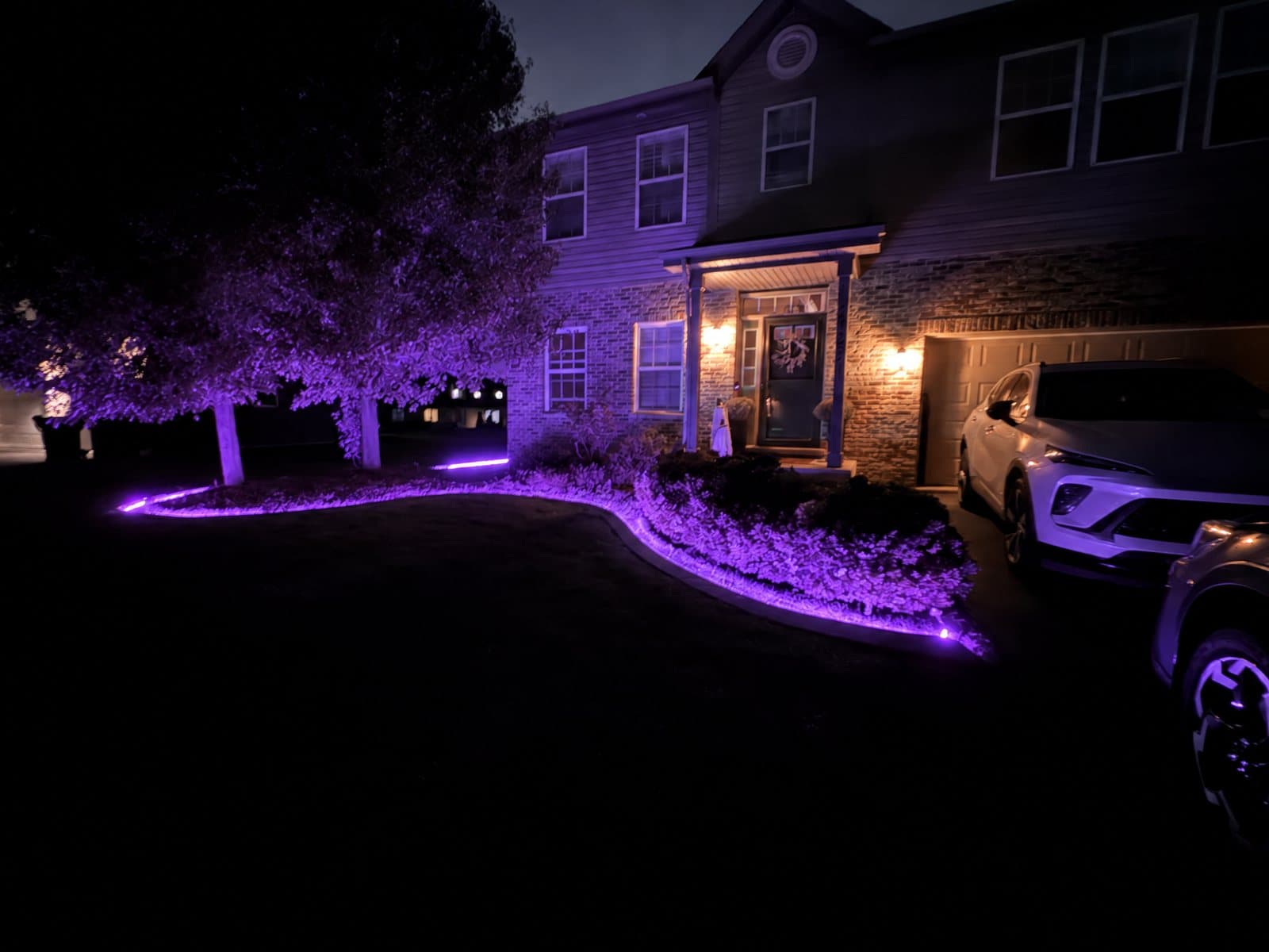 Concrete curb lit purple at night
