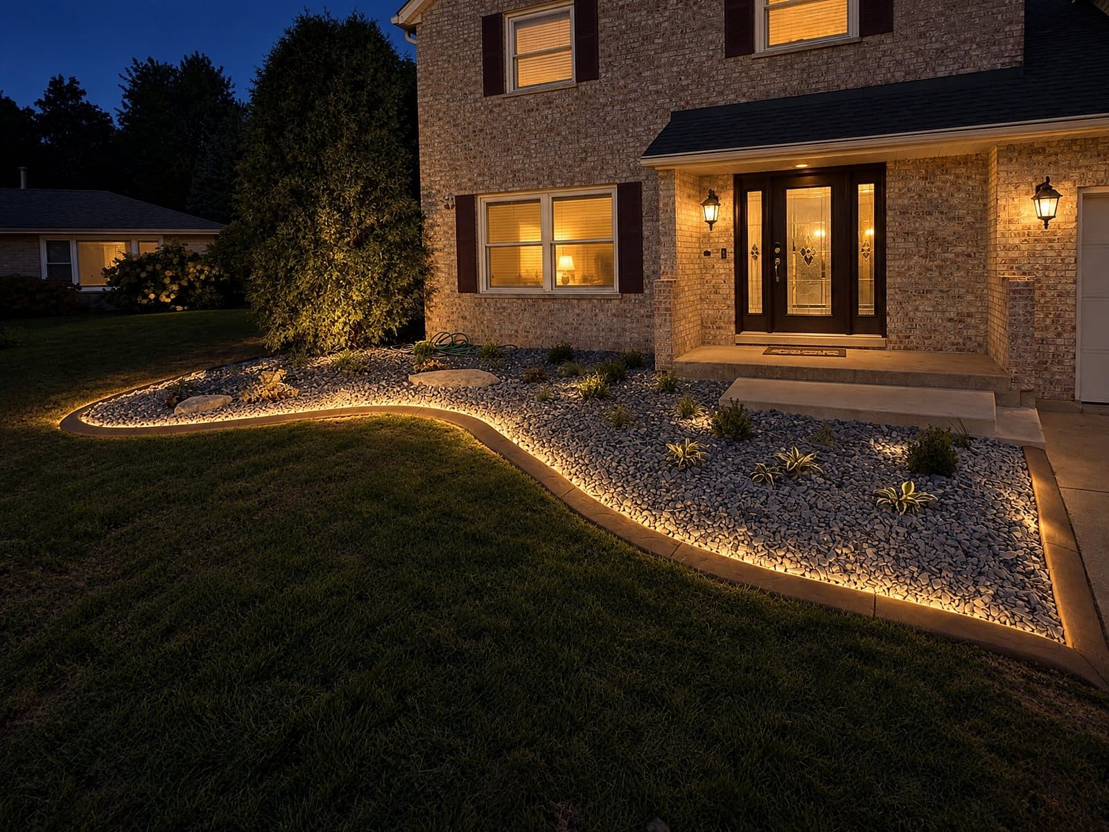 Night preview of the same curbing with a warm white LED glow along the bed
