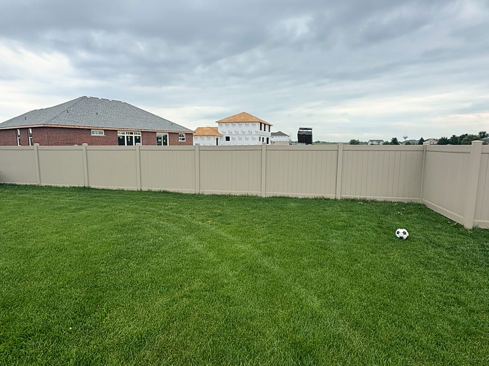 Before: plain sod along a backyard fence, finished with a row of arborvitaes, white stone and stamped concrete curbing