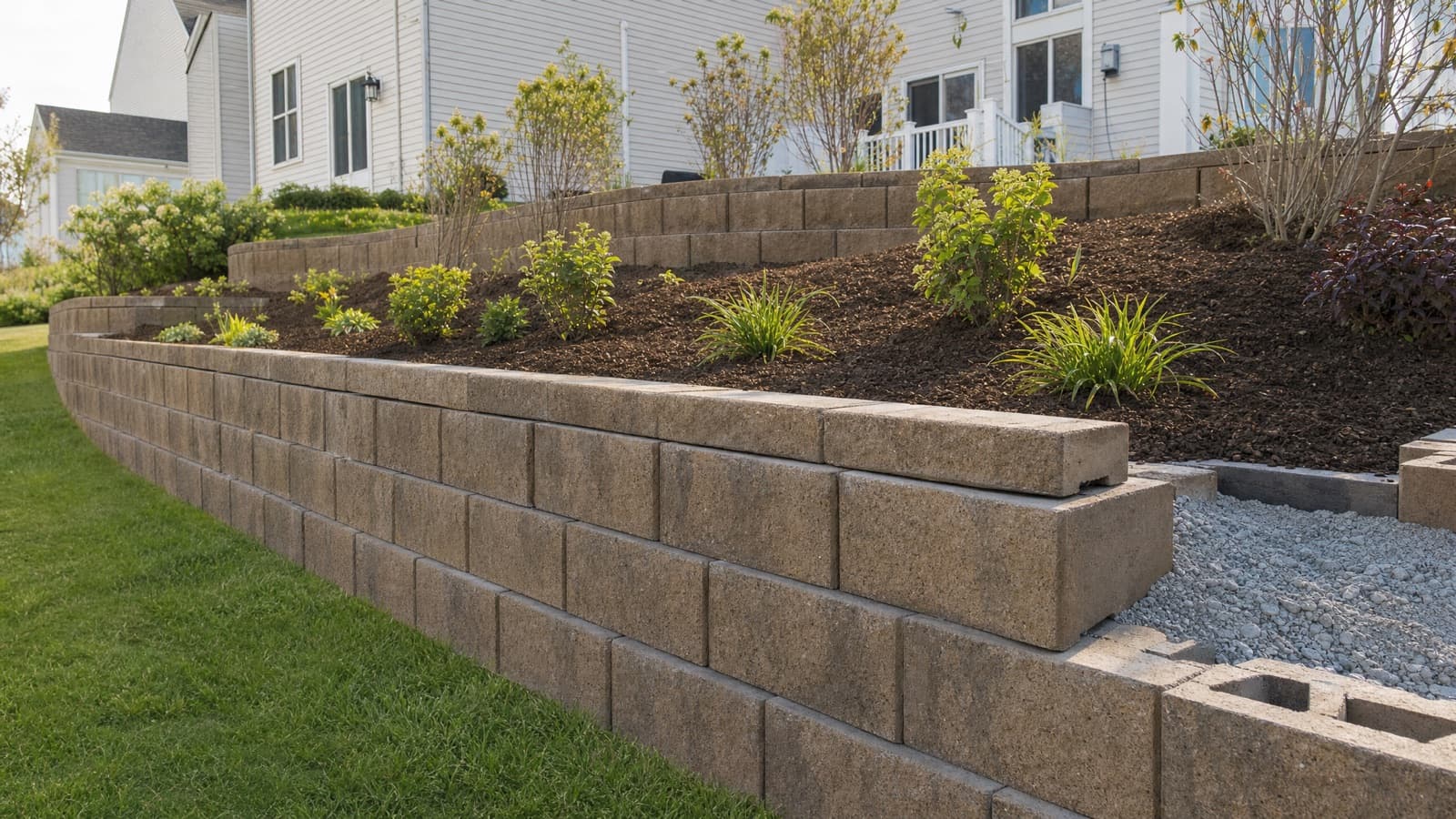 Segmental block retaining wall terracing a backyard slope